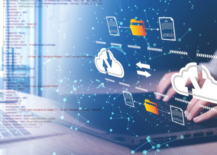 man hand on laptop working with data cloud transmission , document and files management system